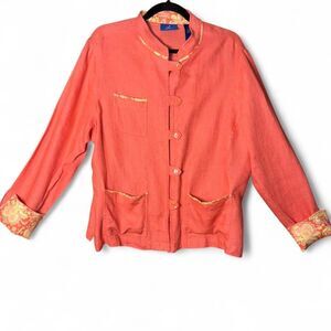 y2K Vintage Coral Linen Blazer Frog Closure Mandarin Collar XL j.h. Collectibles